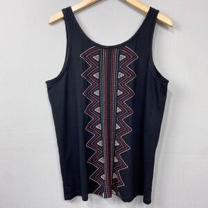 Sundance‎ Boho Tank Top Size L Black Embroidered Lyocell Linen Casual Sleeveless